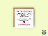 On This Day You Came Out Of A Vagina Greetings Card - The Gifted Panda