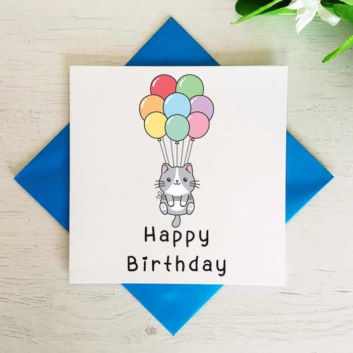 Cat Attached To Balloons - Birthday Card