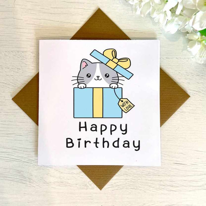 Cat In Present - Birthday Card