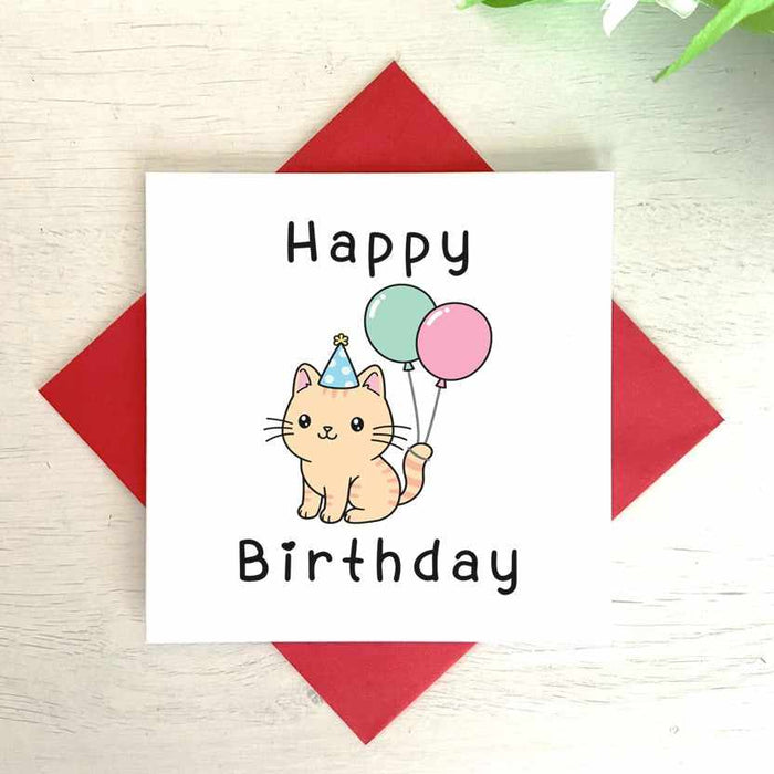 Cat With Balloons - Birthday Card
