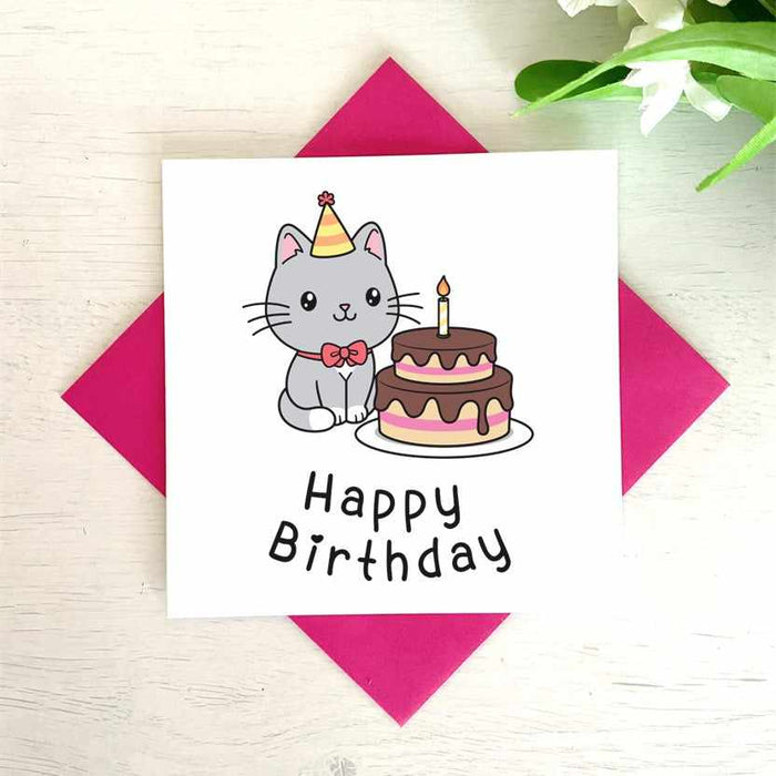 Birthday Card - Cat Celebrating With Whole Cake