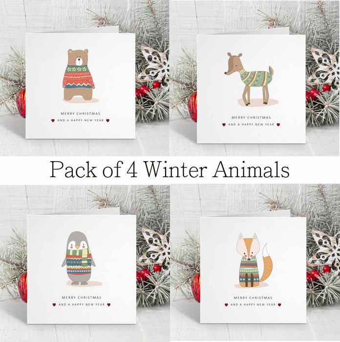 Merry Christmas Card Cute Woodland Animals - Set Of 4
