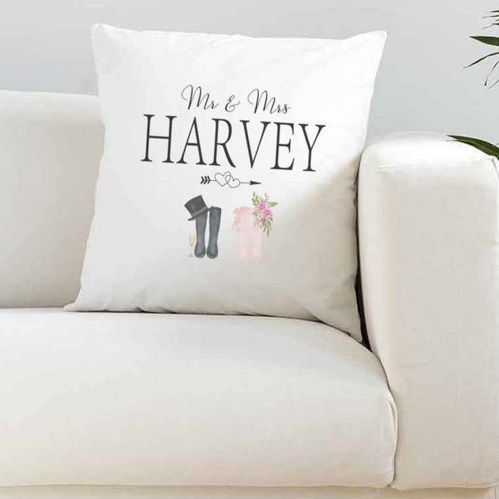 Personalised Mr & Mrs Wellington Boot Wedding Silky Cushion Cover