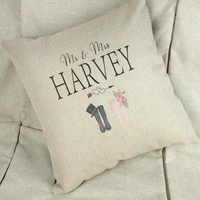 Personalised Mr & Mr Wellington Boot Wedding Linen Cushion Cover