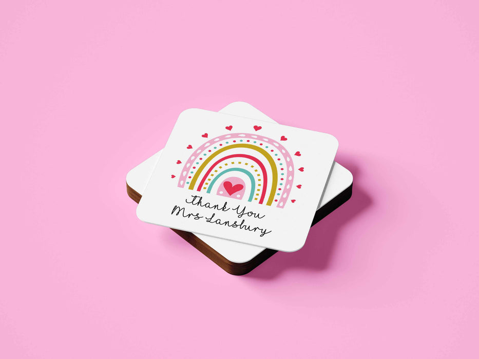 Personalised Thank You Teacher Pink Rainbow Coaster