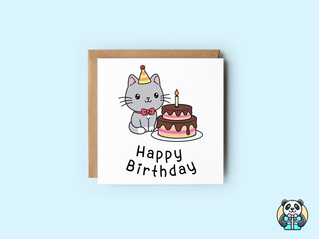 Birthday Card - Cat Celebrating With Whole Cake - The Gifted Panda