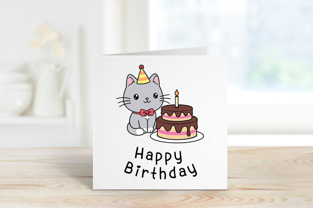 Birthday Card - Cat Celebrating With Whole Cake - The Gifted Panda