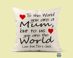 Personalised To The World You Are A Mum Linen Cushion - The Gifted Panda