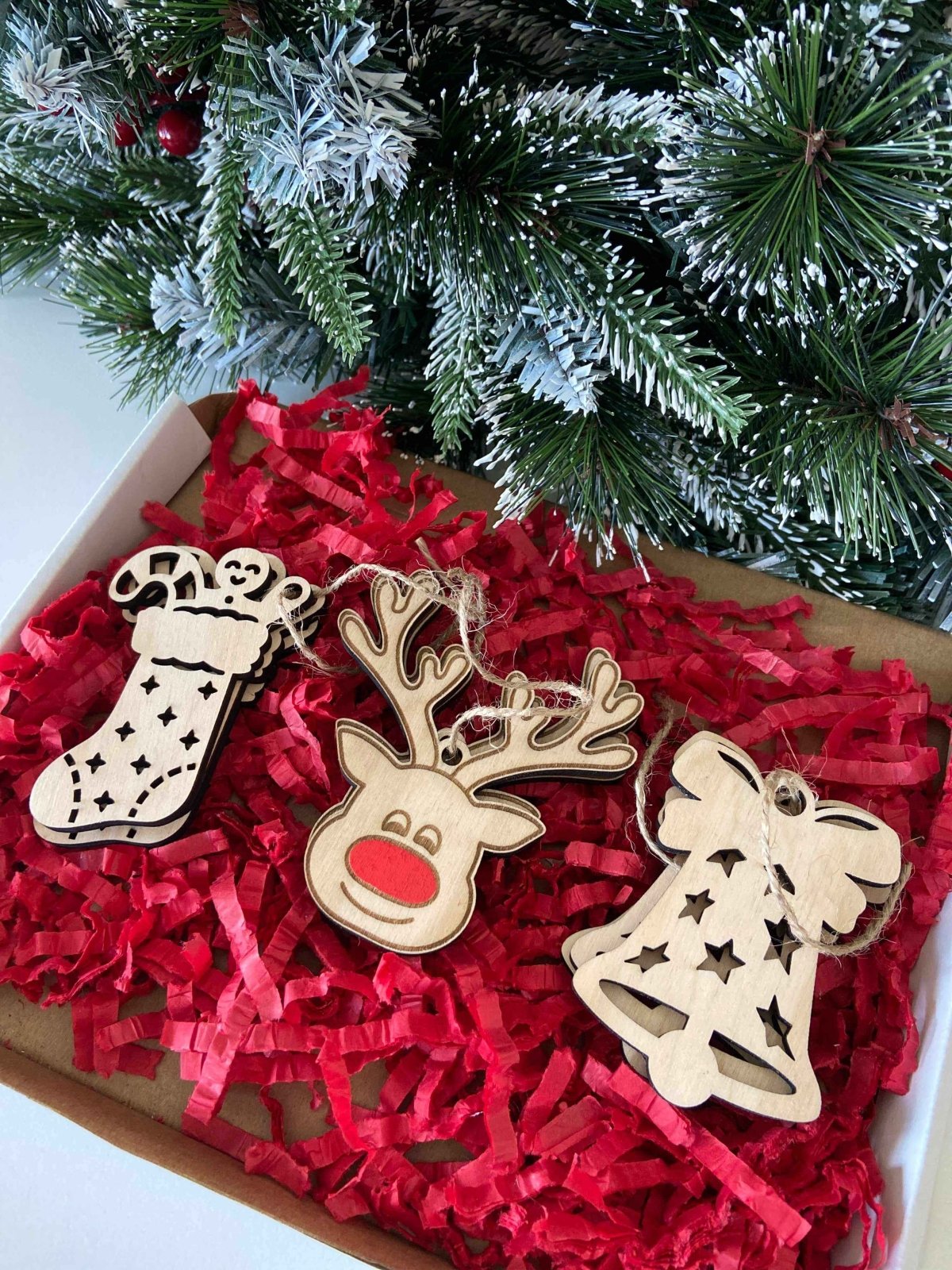 9 Wooden Rudolph Bell Stocking Christmas Tree Ornaments - The Gifted Panda Main image