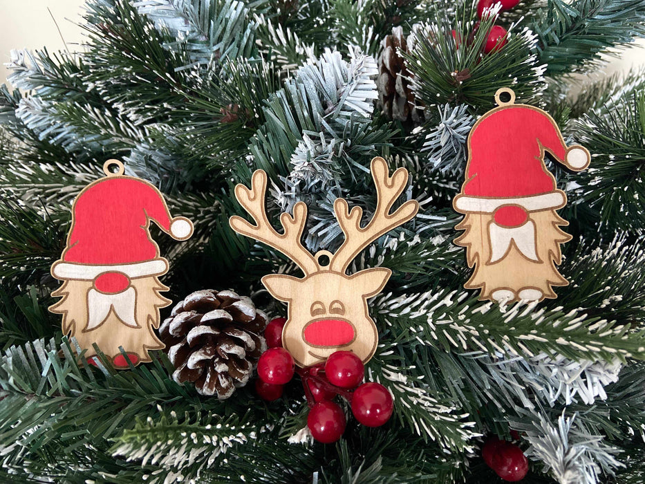 9 Wooden Rudolph & Gnome Christmas Tree Ornaments