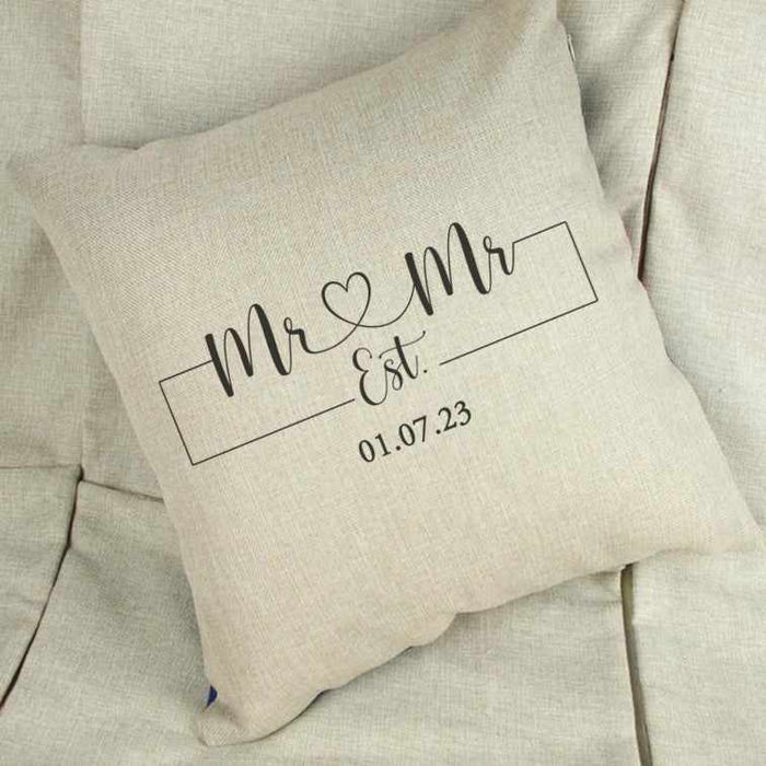 Personalised Mr & Mr Date Wedding Linen Cushion Cover
