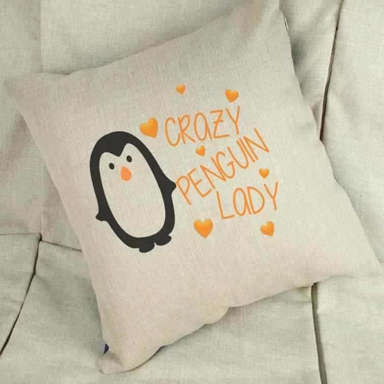 Crazy Penguin Lady Linen Cushion - The Gifted Panda Main image