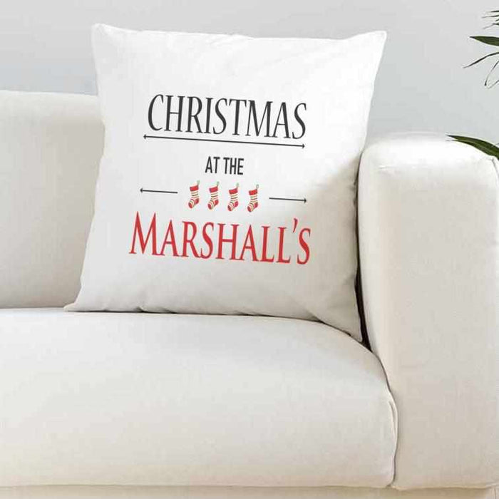 Personalised Christmas At The Silky White Cushion