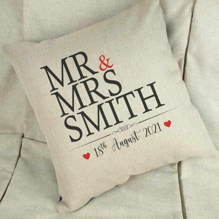 Mr & Mrs Personalised Linen Cushion Cover - The Gifted Panda Main image