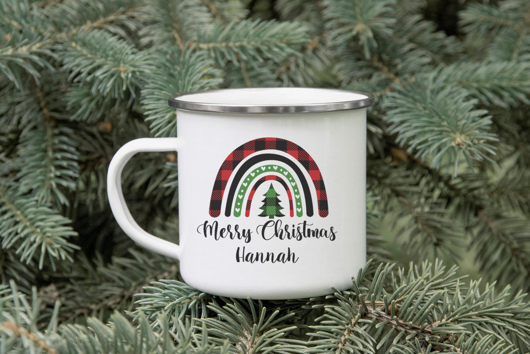 Personalised Plaid Rainbow Christmas Enamel Mug