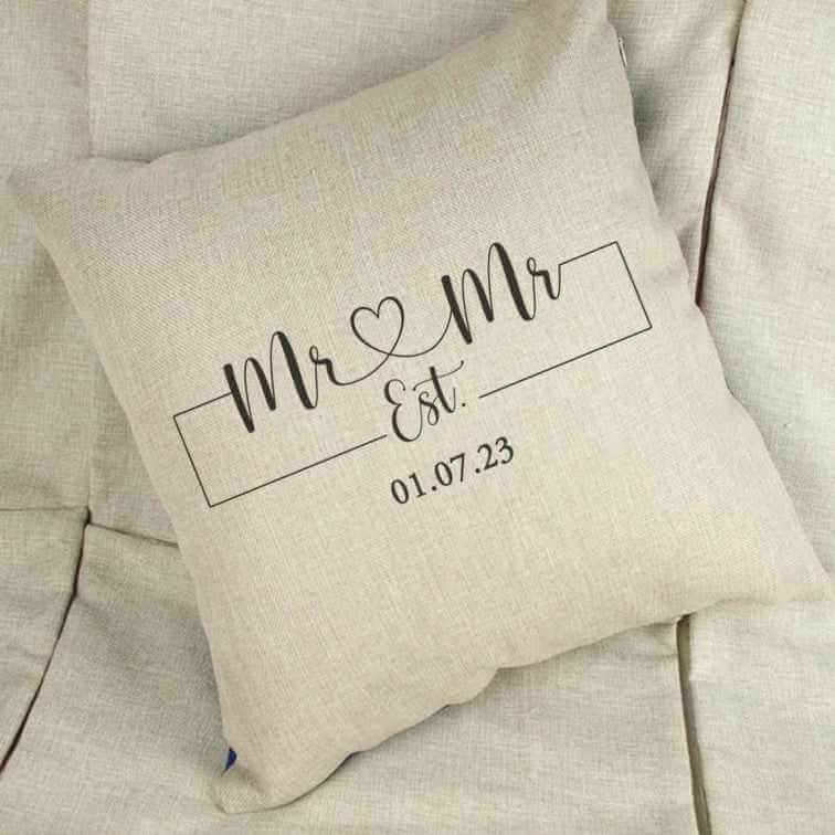 Personalised Mr & Mr Date Wedding Linen Cushion Cover - The Gifted Panda Main image