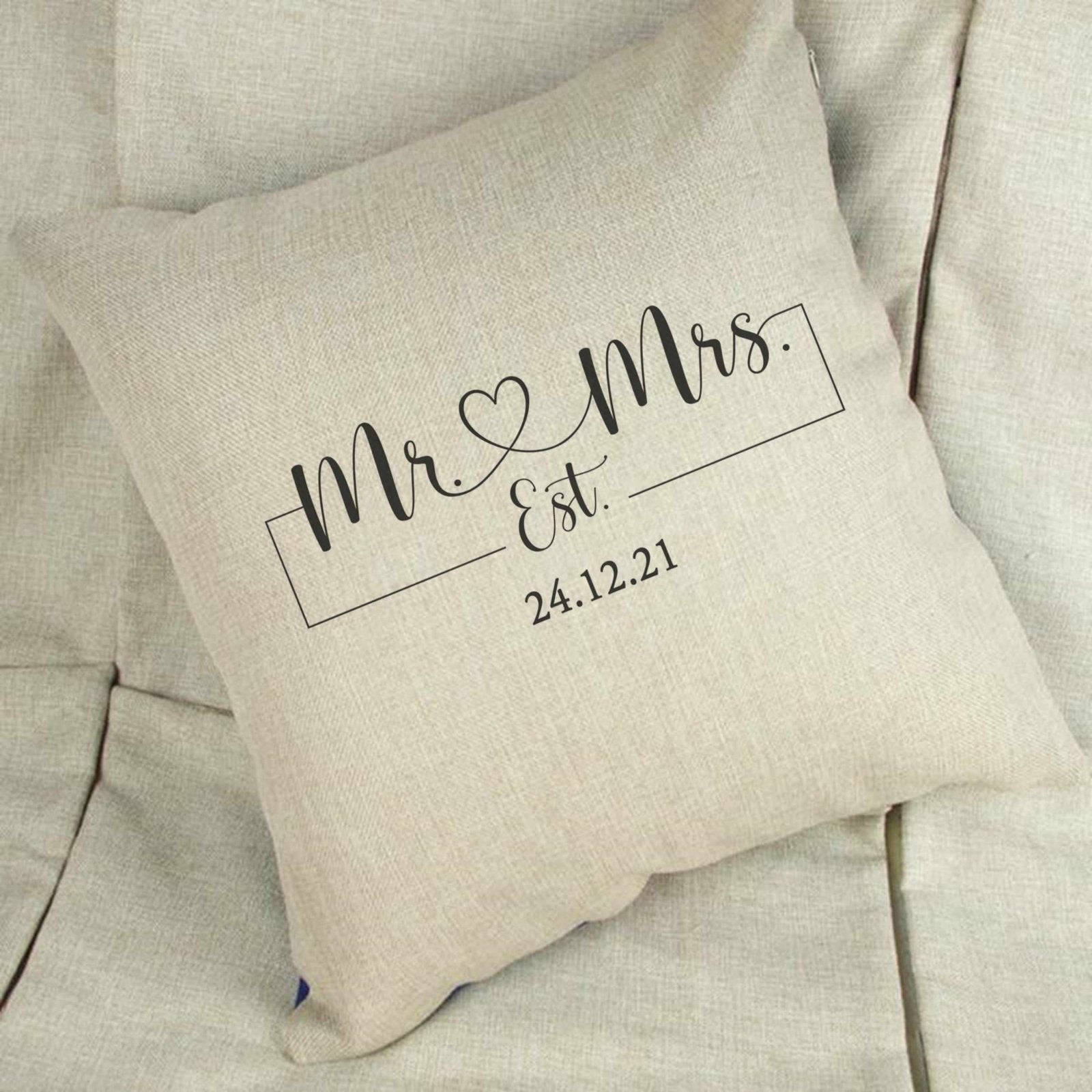 Personalised Mr & Mrs Date Wedding Linen Cushion Cover - The Gifted Panda