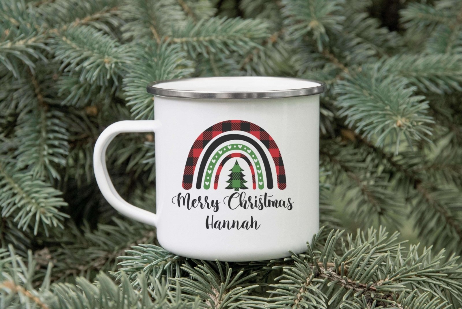 Personalised Plaid Rainbow Christmas Enamel Mug - The Gifted Panda Main image