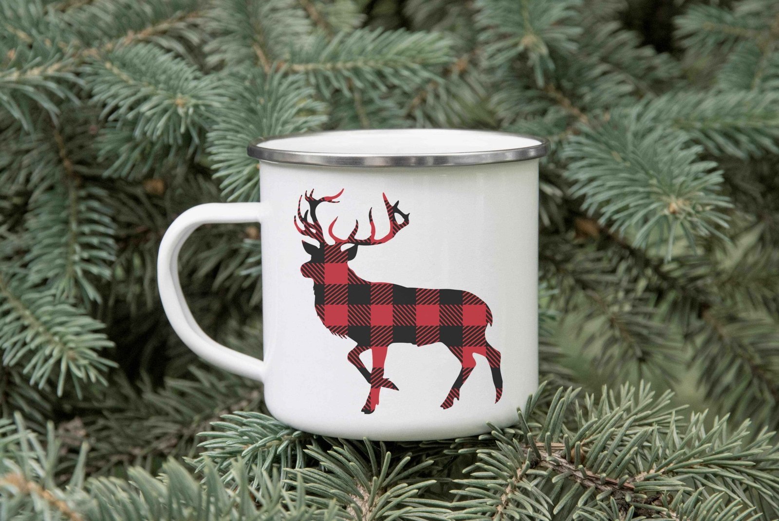 Plaid Stag Christmas Enamel Mug - The Gifted Panda Main image