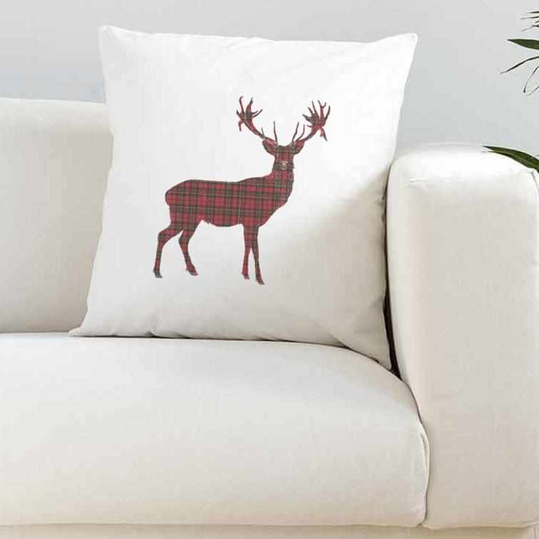 Tartan Stag White Silky Cushion Cover - The Gifted Panda Main image